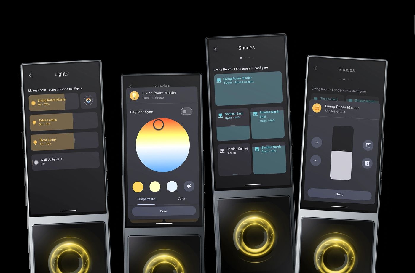 Lighting control showing daylight sync and colour temperature adjustment