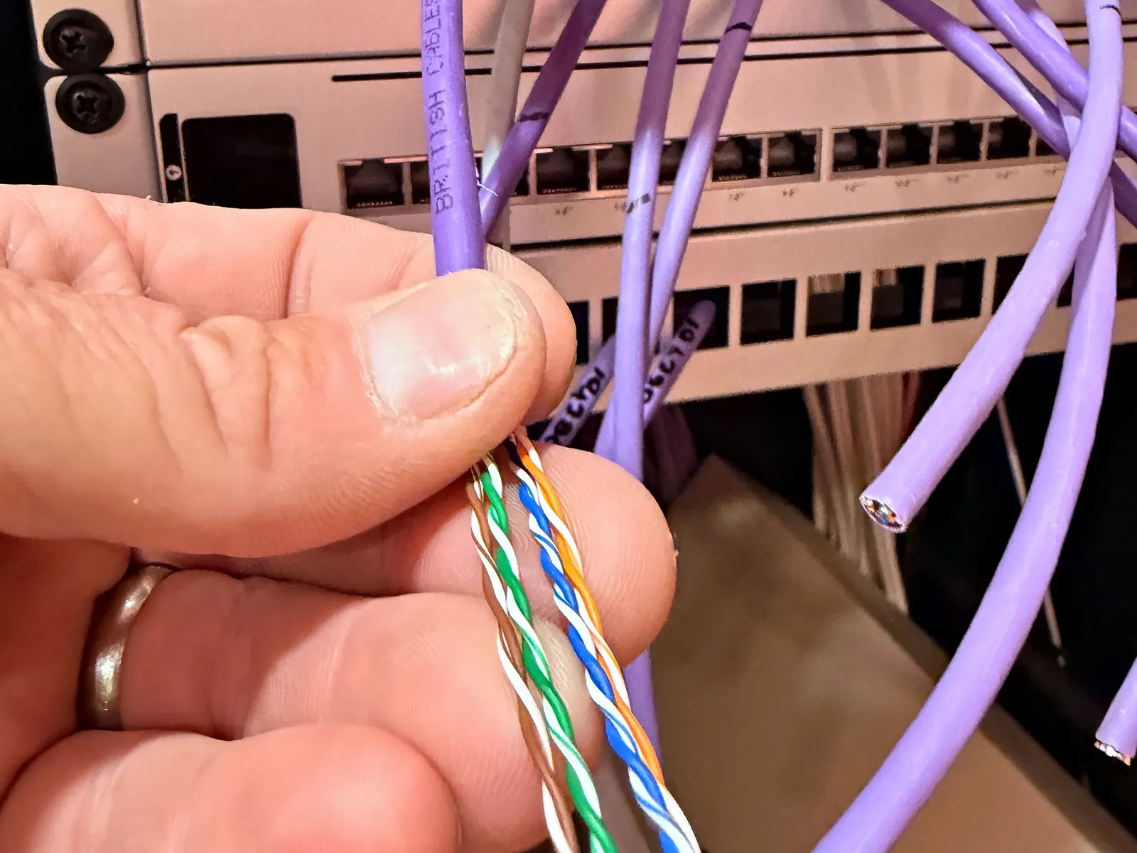 Ian preparing the twisted pairs of a network cable for termination at the rack