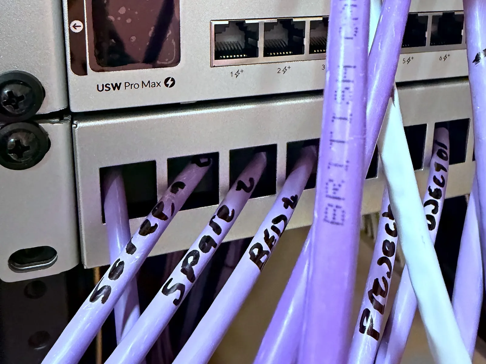 Purple network cables, each hand-labelled with the room it serves, running into the back of a rack