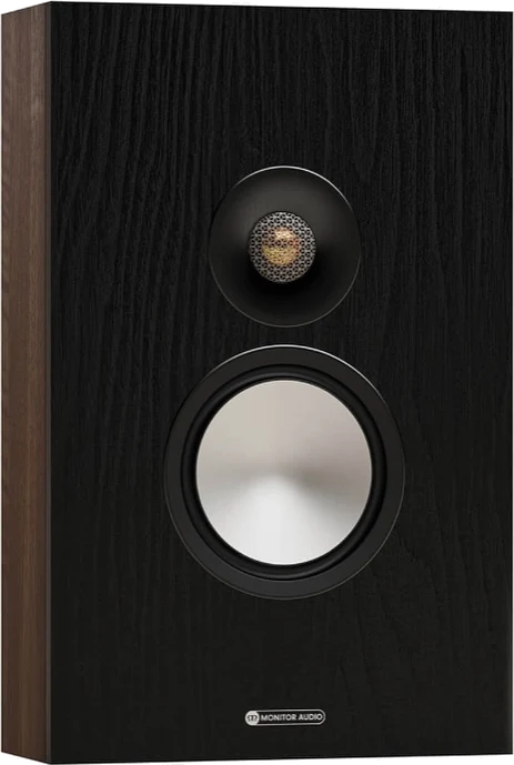 Monitor Audio Bronze 7G wall-mounted speaker in black with a walnut side panel