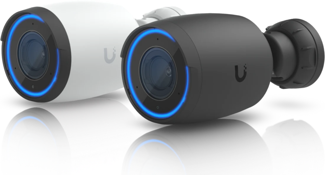 Two UniFi AI Pro 4K cameras with blue LED rings