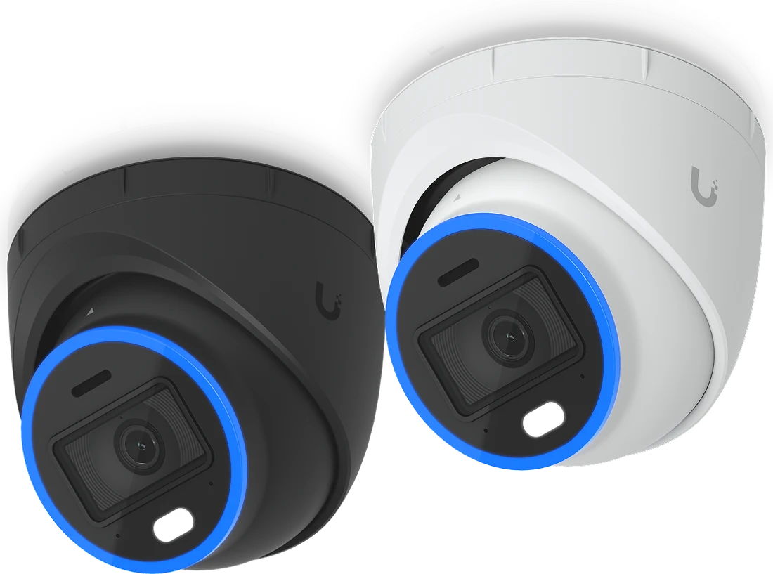 Two UniFi turret cameras, one black and one white