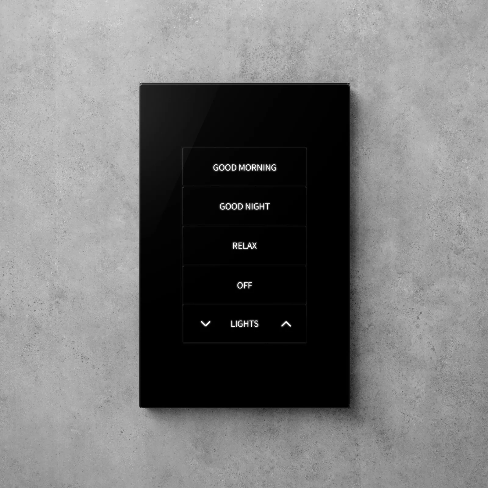 A black glass wall keypad on a concrete wall, engraved Good Morning, Good Night, Relax and Off