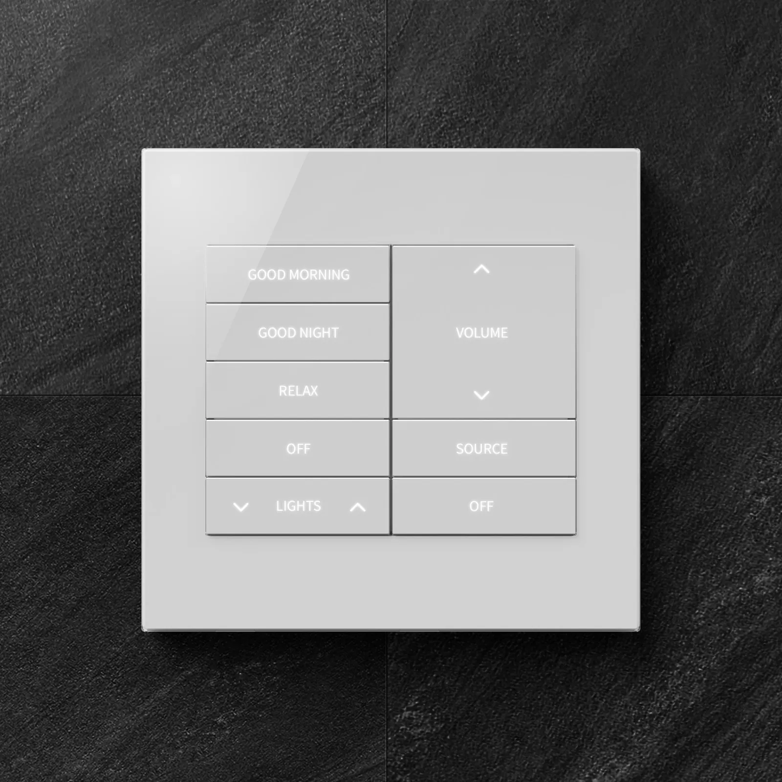 A double-width white glass keypad on a dark slate wall, with lighting scenes on the left and music volume and source on the right