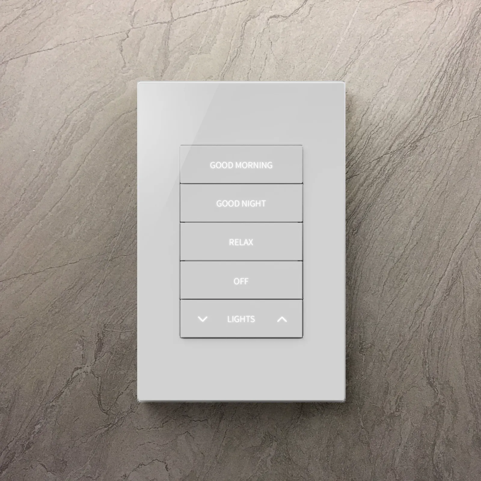 A white glass keypad on a stone wall, engraved Good Morning, Good Night, Relax and Off