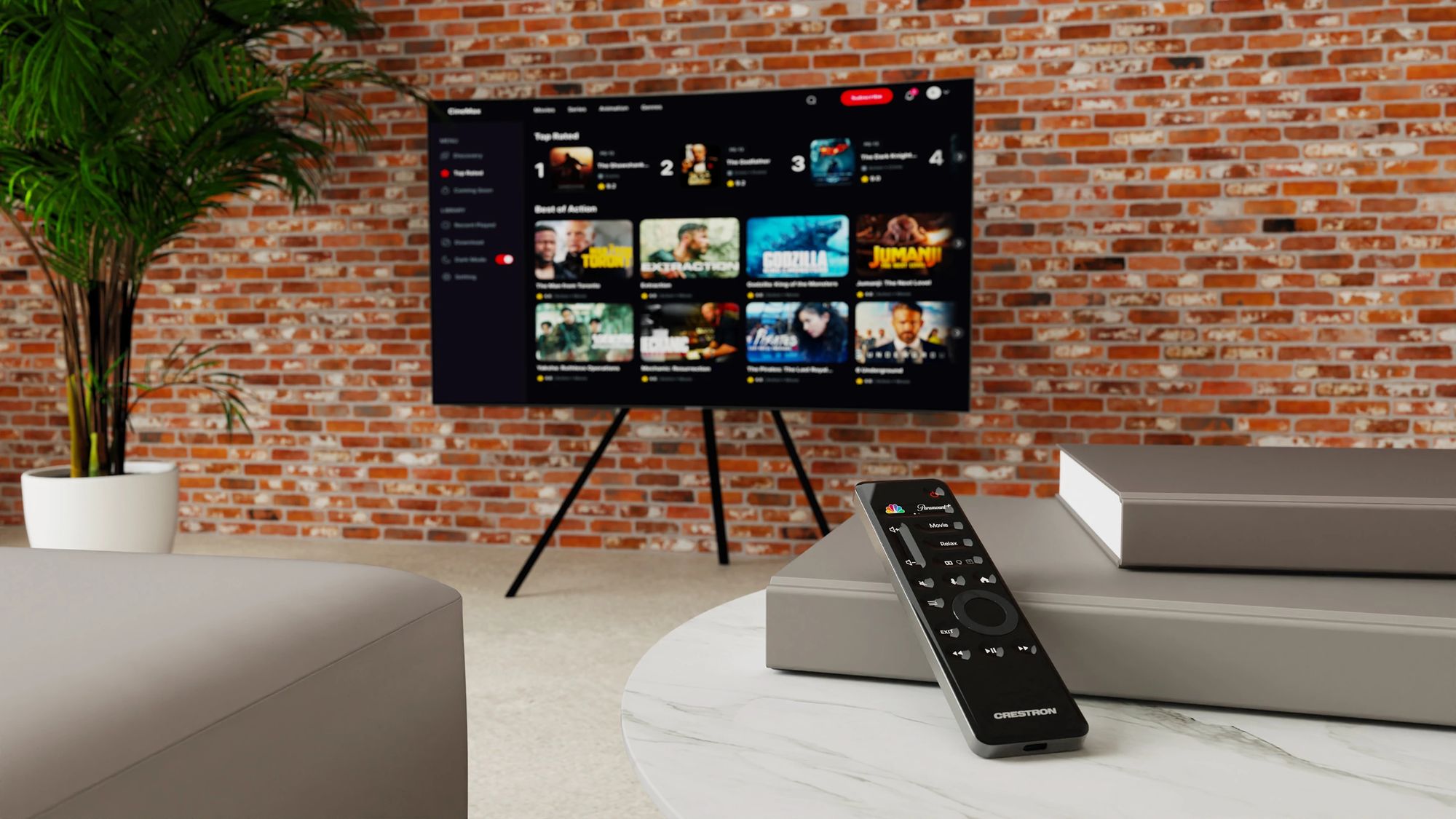 A living room with a wall television and integrated speakers
