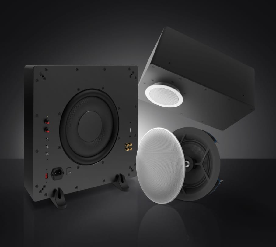 Round in-ceiling speakers and a subwoofer